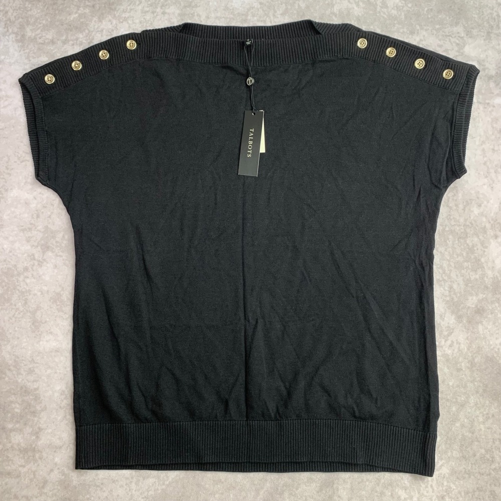 Talbots Woman Black Boat Neck Sweater Vest Gold Shoulder Buttons Size X NWT